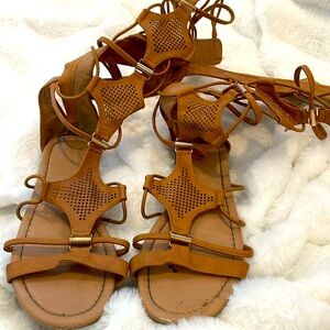 Tanned leather gladiator sandals with gold accents and lace-up detailing.